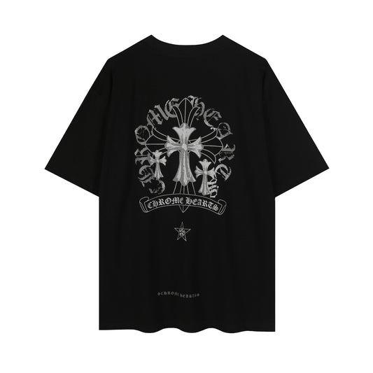 T-shirt délavé vintage Chrome Hearts réfléchissant gris argenté à croix florale 2626