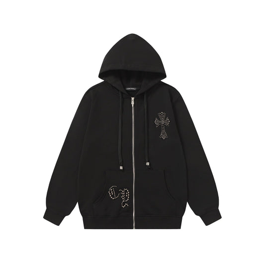 Chrome Hearts Rhinestone Cross Hoodie – Schwarzes Gothic Streetwear Sweatshirt 2633