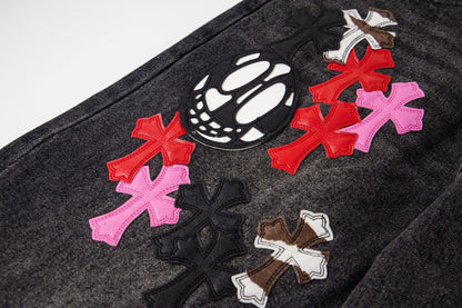 Chrome Hearts Multi Cross Patch Denim Jeans - Graue Gothic Street Pants 1111