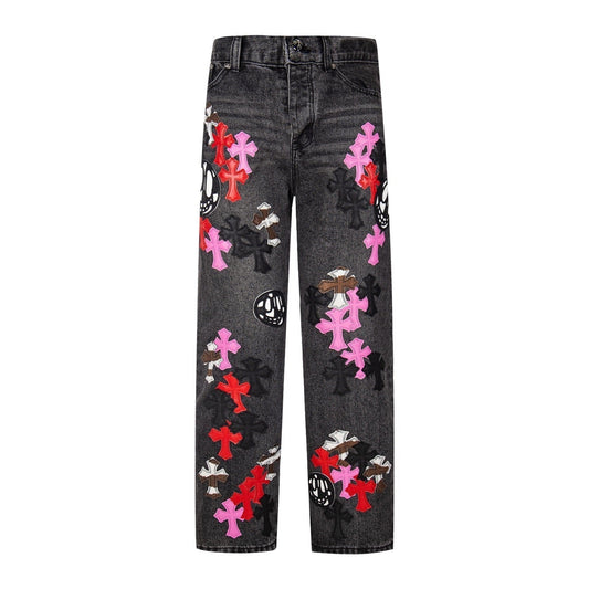 Chrome Hearts Jean en denim Multi Cross Patch - Pantalon de ville gothique gris 1111