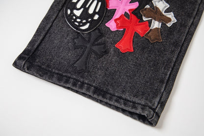Chrome Hearts Multi Cross Patch Denim Jeans - Graue Gothic Street Pants 1111