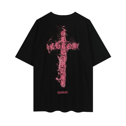 T-shirt Chrome Hearts noir à flammes roses P65
