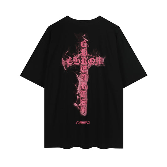 Chrome Hearts Black Base Pink Flame Cross T-shirt P65