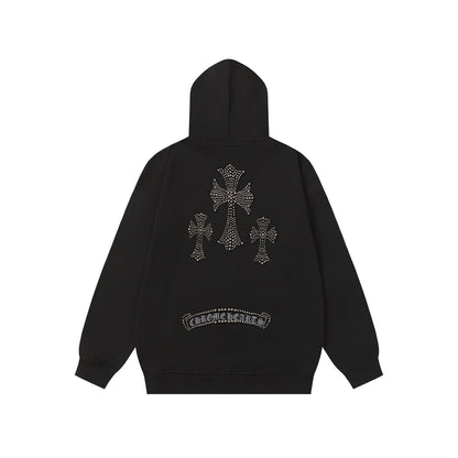 Sweat à capuche Chrome Hearts motif croix en strass - Sweat-shirt streetwear gothique noir 2633