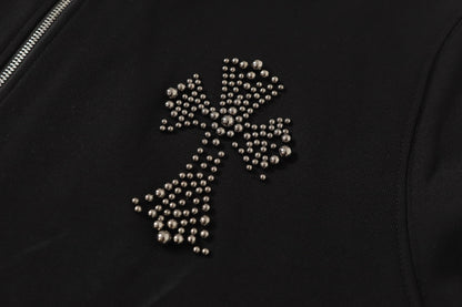 Sweat à capuche Chrome Hearts motif croix en strass - Sweat-shirt streetwear gothique noir 2633