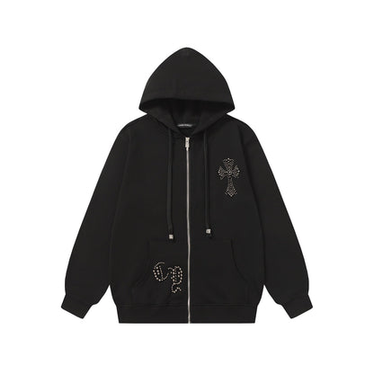Sweat à capuche Chrome Hearts motif croix en strass - Sweat-shirt streetwear gothique noir 2633