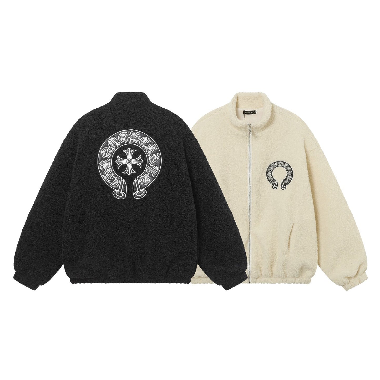 Chrome Hearts Horseshoe Bestickte Sherpa Jacke - Schwarz Cremefarbener Gothic Mantel 825
