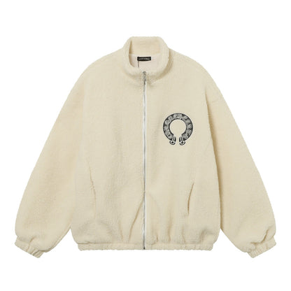 Chrome Hearts Horseshoe Bestickte Sherpa Jacke - Schwarz Cremefarbener Gothic Mantel 825