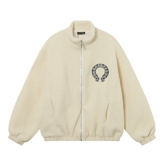 Blouson Sherpa brodé fer à cheval Chrome Hearts - Manteau gothique noir crème 825