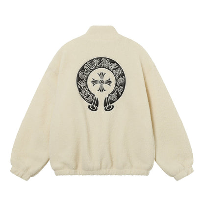 Chrome Hearts Horseshoe Bestickte Sherpa Jacke - Schwarz Cremefarbener Gothic Mantel 825
