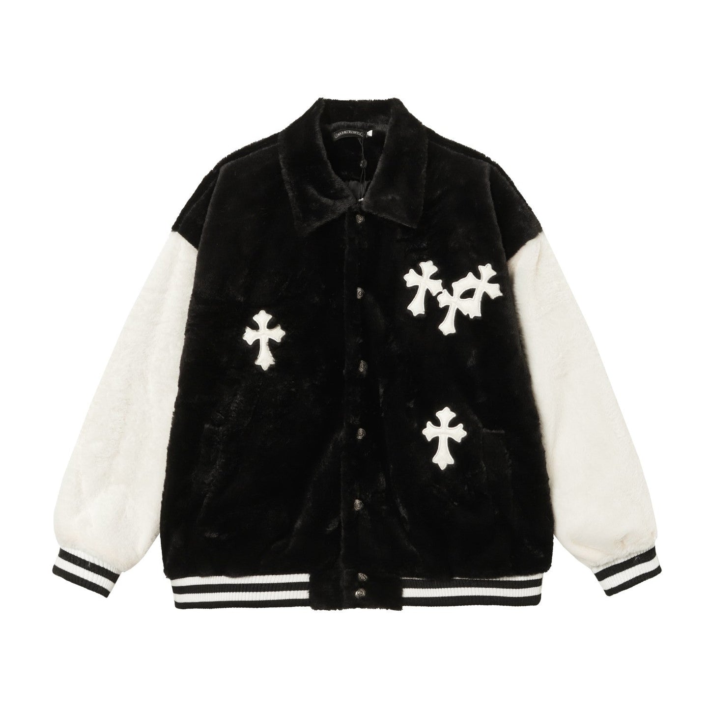 Blouson universitaire Chrome Hearts en fausse fourrure avec croix - Noir Blanc Gothique Streetwear 035