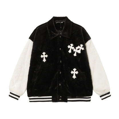 Blouson universitaire Chrome Hearts en fausse fourrure avec croix - Noir Blanc Gothique Streetwear 035