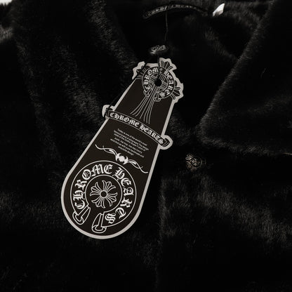 Blouson universitaire Chrome Hearts en fausse fourrure avec croix - Noir Blanc Gothique Streetwear 035