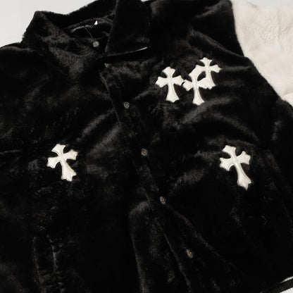 Blouson universitaire Chrome Hearts en fausse fourrure avec croix - Noir Blanc Gothique Streetwear 035