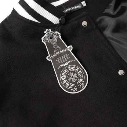 Chrome Hearts Cross bestickte Lederärmel Varsity Jacke - Schwarzer Street Style 116