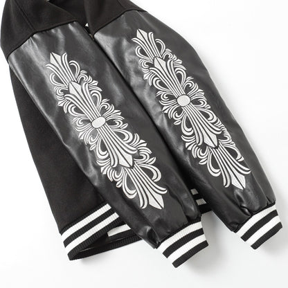 Chrome Hearts Cross bestickte Lederärmel Varsity Jacke - Schwarzer Street Style 116