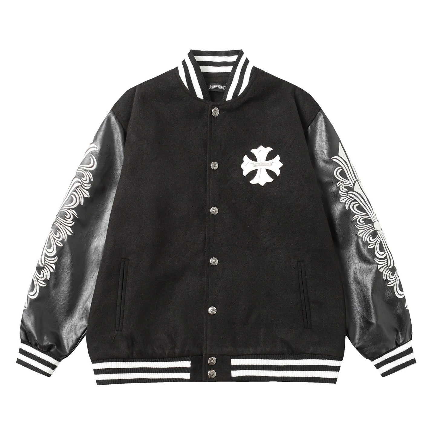 Chrome Hearts Cross bestickte Lederärmel Varsity Jacke - Schwarzer Street Style 116