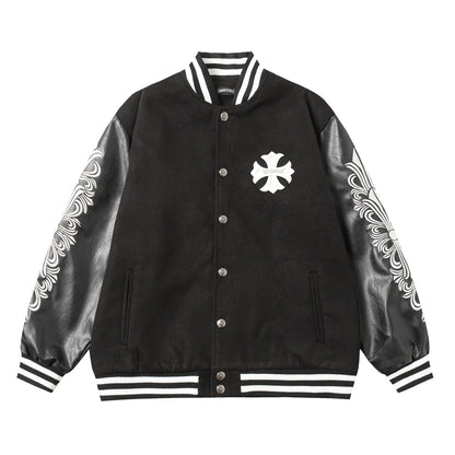 Chrome Hearts Cross bestickte Lederärmel Varsity Jacke - Schwarzer Street Style 116