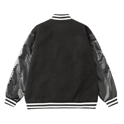 Chrome Hearts Cross bestickte Lederärmel Varsity Jacke - Schwarzer Street Style 116