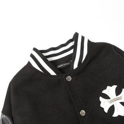 Chrome Hearts Cross bestickte Lederärmel Varsity Jacke - Schwarzer Street Style 116