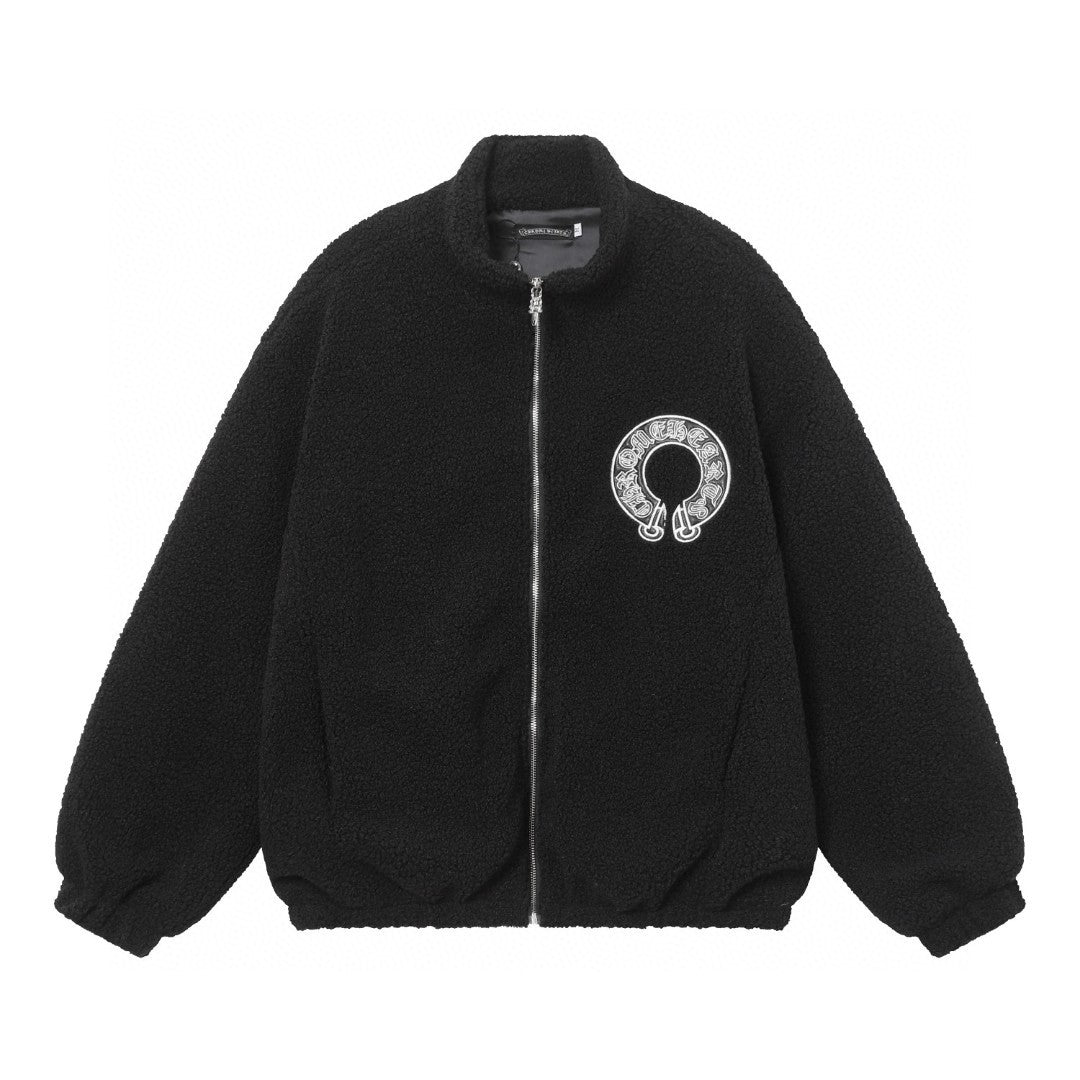 Chrome Hearts Horseshoe Bestickte Sherpa Jacke - Schwarz Cremefarbener Gothic Mantel 825