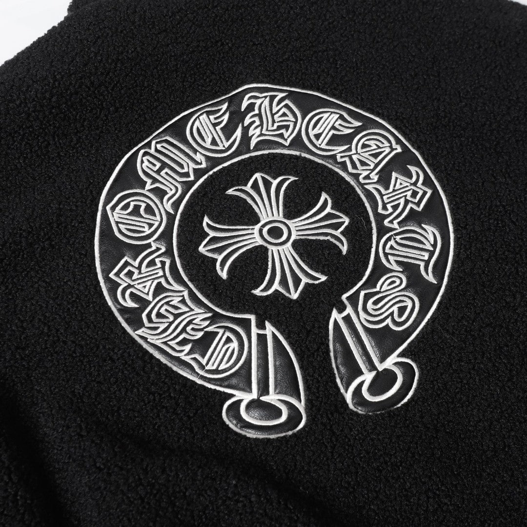 Chrome Hearts Horseshoe Bestickte Sherpa Jacke - Schwarz Cremefarbener Gothic Mantel 825