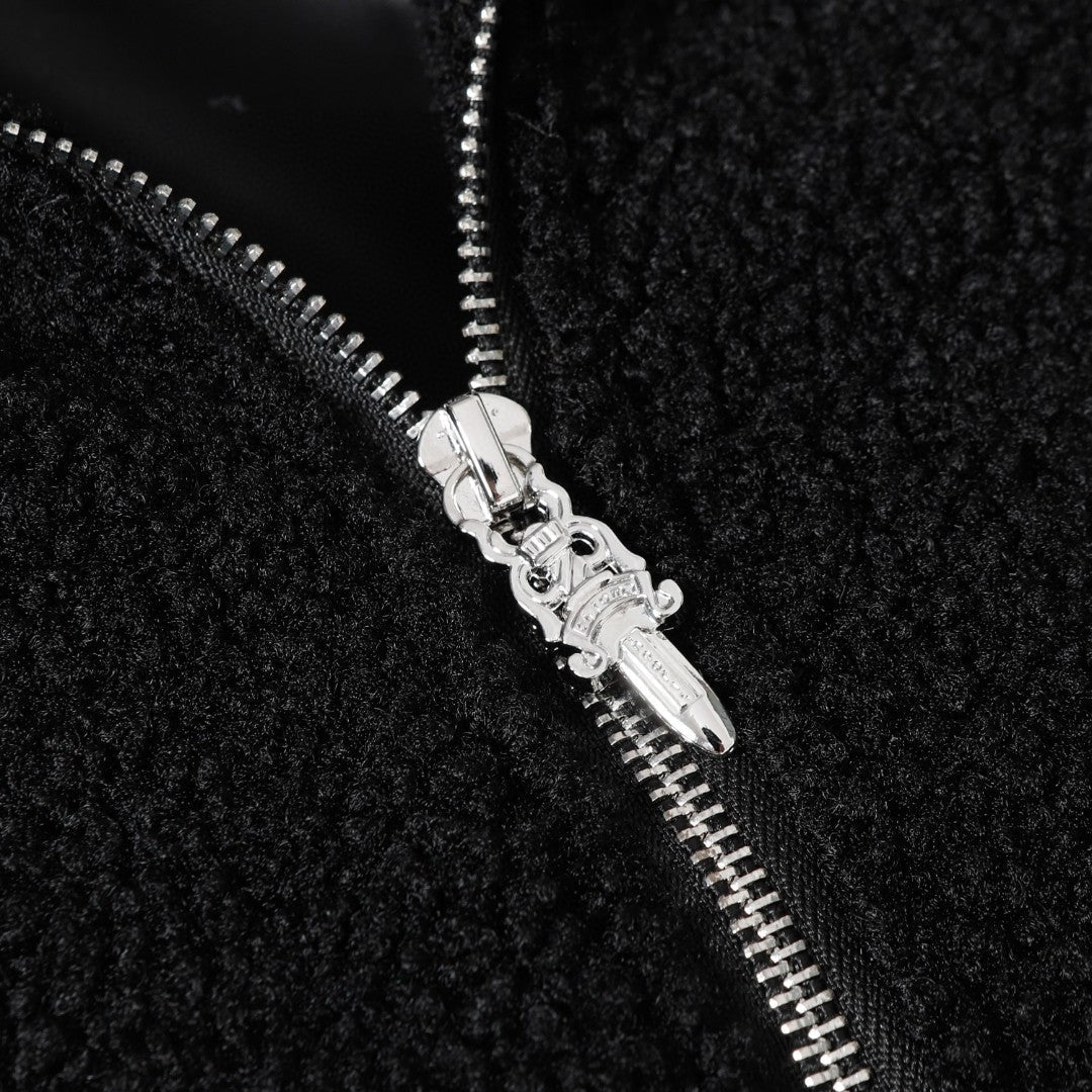 Chrome Hearts Horseshoe Bestickte Sherpa Jacke - Schwarz Cremefarbener Gothic Mantel 825