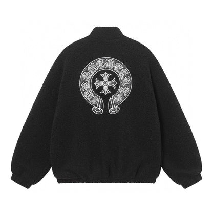 Chrome Hearts Horseshoe Bestickte Sherpa Jacke - Schwarz Cremefarbener Gothic Mantel 825