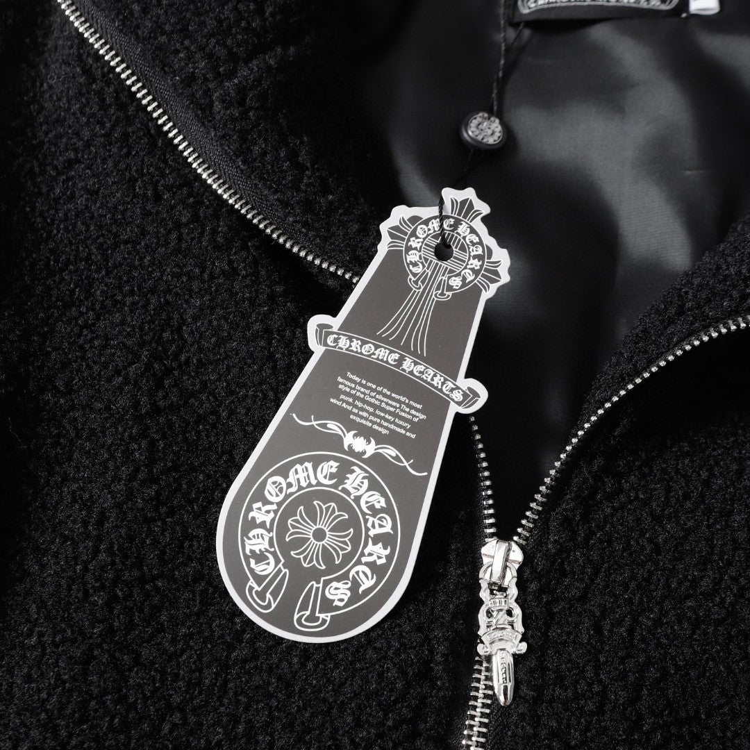 Chrome Hearts Horseshoe Bestickte Sherpa Jacke - Schwarz Cremefarbener Gothic Mantel 825