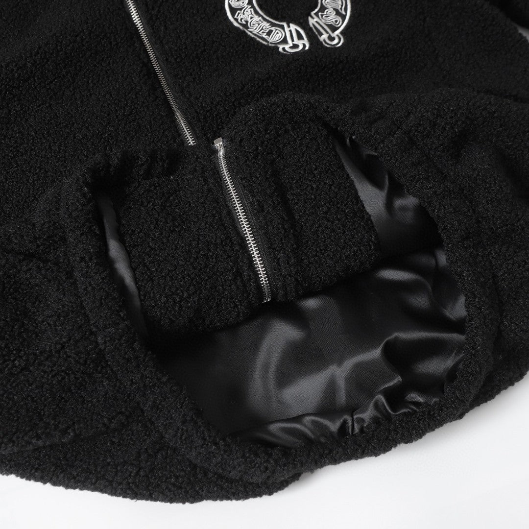 Chrome Hearts Horseshoe Bestickte Sherpa Jacke - Schwarz Cremefarbener Gothic Mantel 825