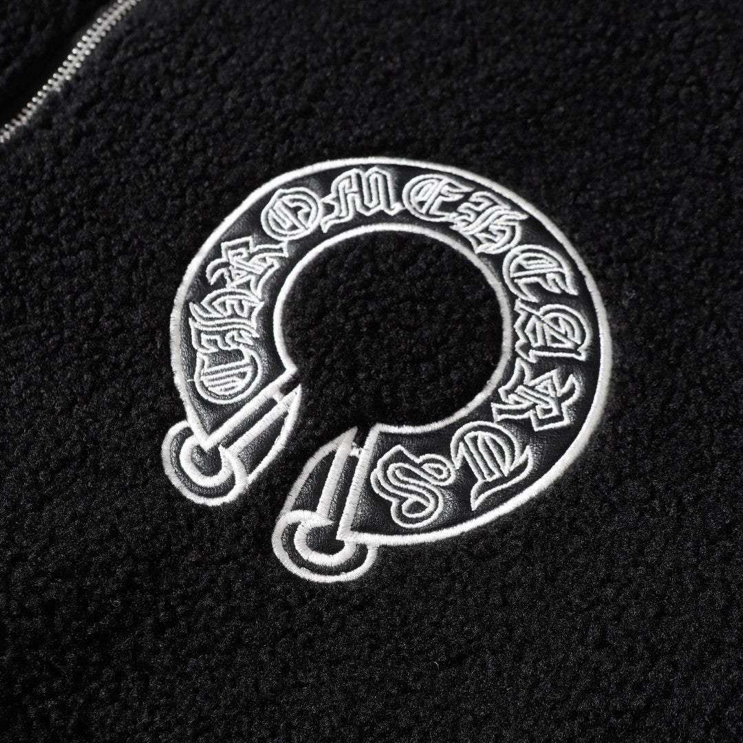 Chrome Hearts Horseshoe Bestickte Sherpa Jacke - Schwarz Cremefarbener Gothic Mantel 825