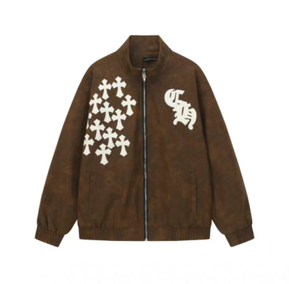 Veste en daim à croix Chrome Hearts - Vêtement d'extérieur streetwear gothique marron 8833