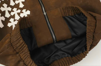 Veste en daim à croix Chrome Hearts - Vêtement d'extérieur streetwear gothique marron 8833