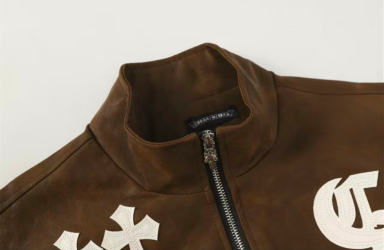 Veste en daim à croix Chrome Hearts - Vêtement d'extérieur streetwear gothique marron 8833