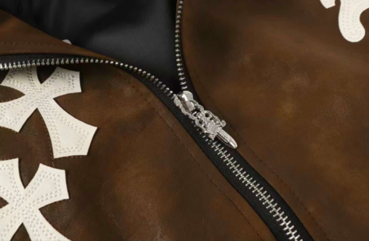 Veste en daim à croix Chrome Hearts - Vêtement d'extérieur streetwear gothique marron 8833