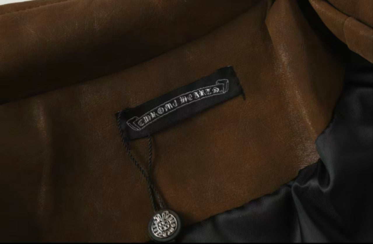 Veste en daim à croix Chrome Hearts - Vêtement d'extérieur streetwear gothique marron 8833
