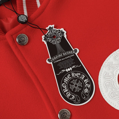 Blouson Teddy Chrome Hearts Red Cross - Manteau de Baseball Street Goth Manches Blanches D68