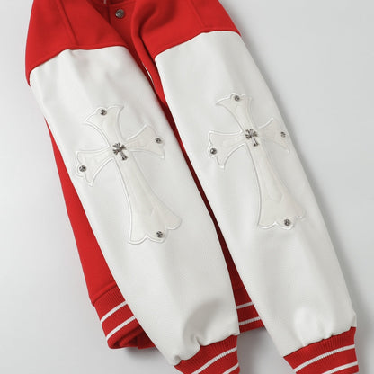 Blouson Teddy Chrome Hearts Red Cross - Manteau de Baseball Street Goth Manches Blanches D68