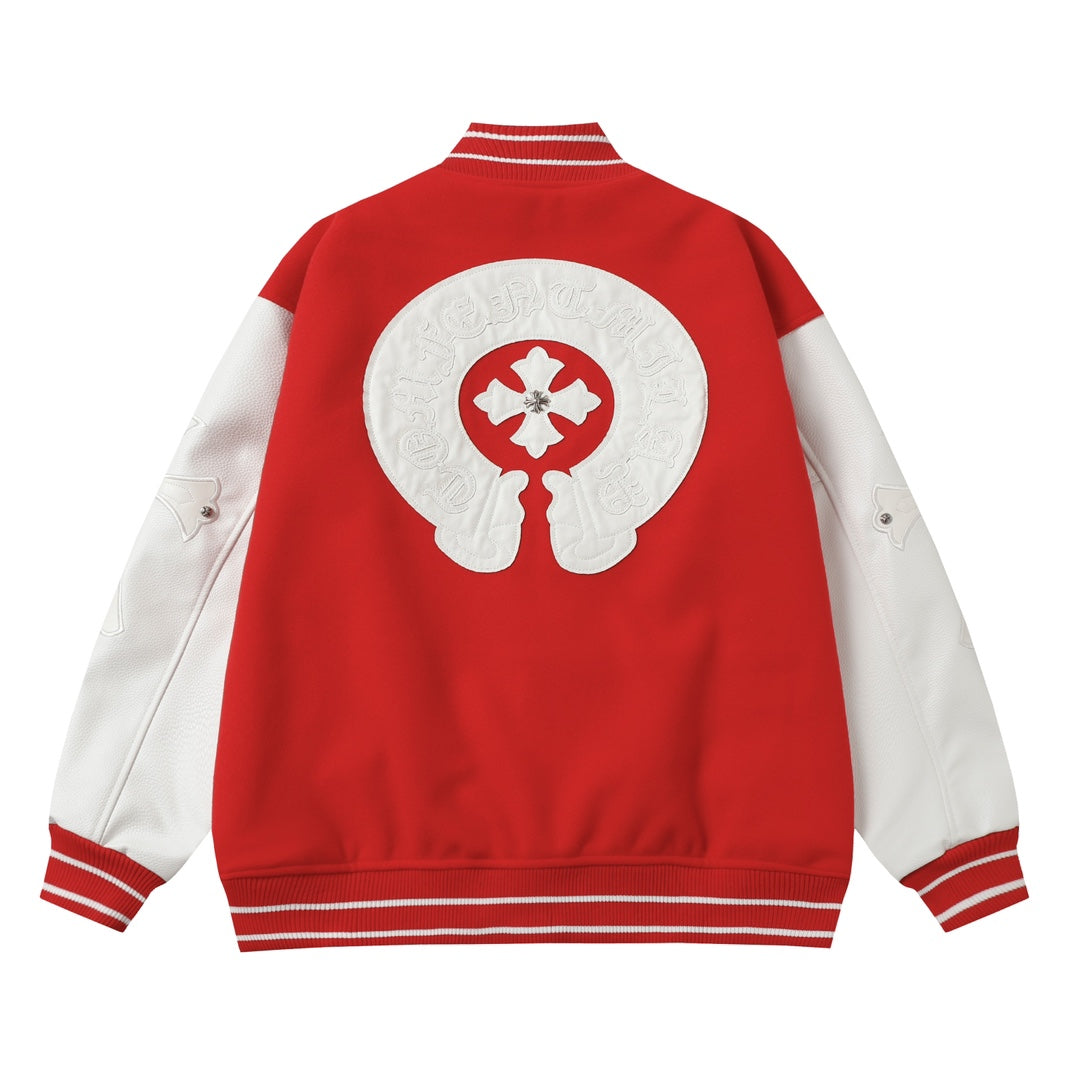 Blouson Teddy Chrome Hearts Red Cross - Manteau de Baseball Street Goth Manches Blanches D68