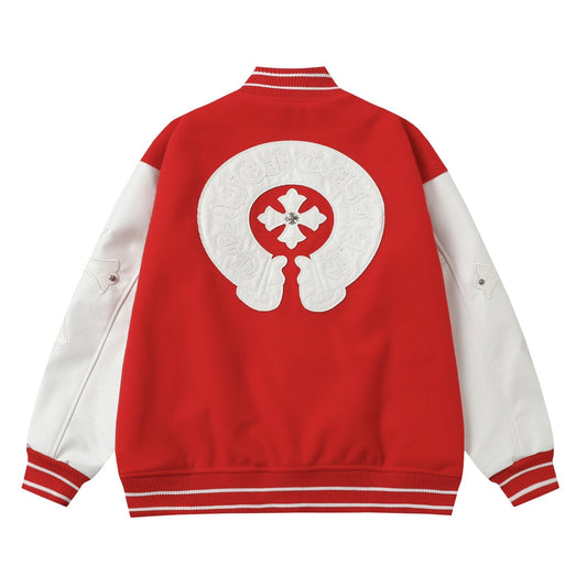 Blouson Teddy Chrome Hearts Red Cross - Manteau de Baseball Street Goth Manches Blanches D68