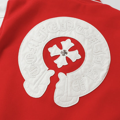 Blouson Teddy Chrome Hearts Red Cross - Manteau de Baseball Street Goth Manches Blanches D68