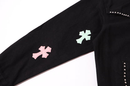 Chrome Hearts Multi Cross Studded Denimjacke – Schwarzer Gothic Streetwear Mantel H49