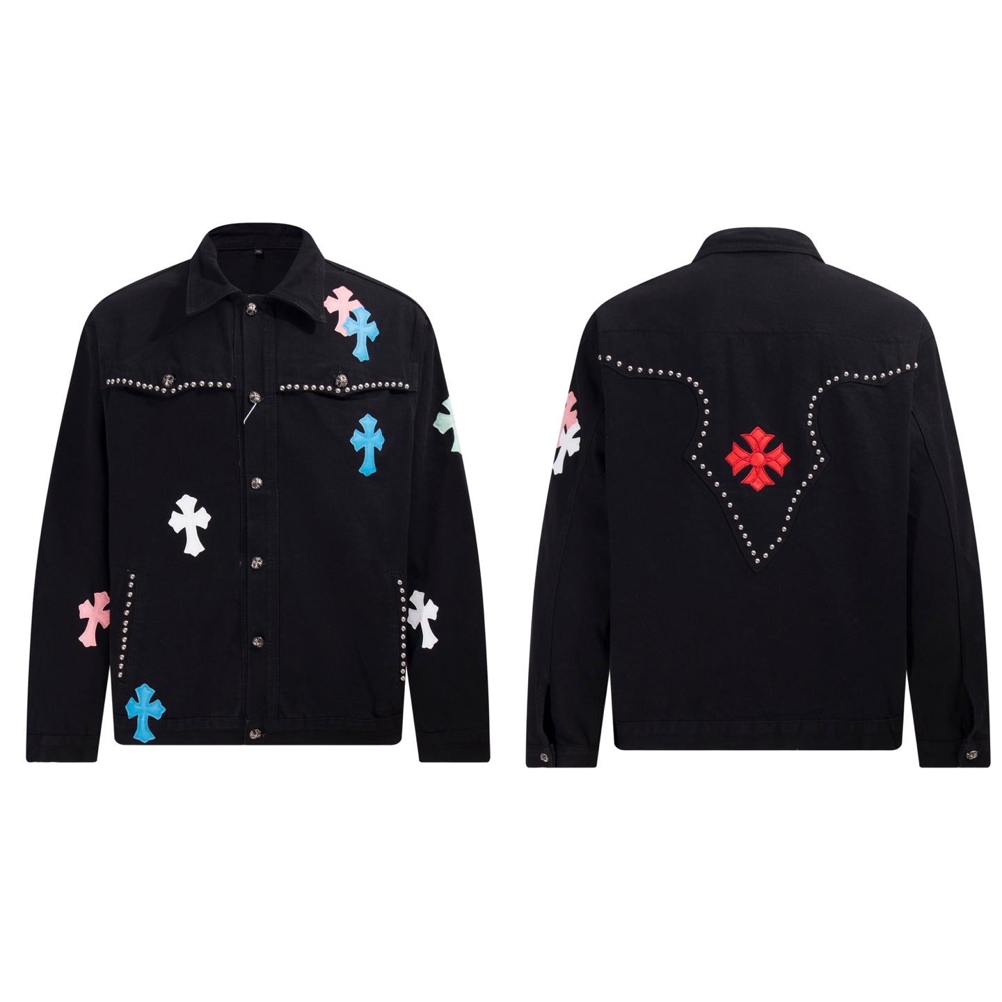 Chrome Hearts Multi Cross Studded Denimjacke – Schwarzer Gothic Streetwear Mantel H49