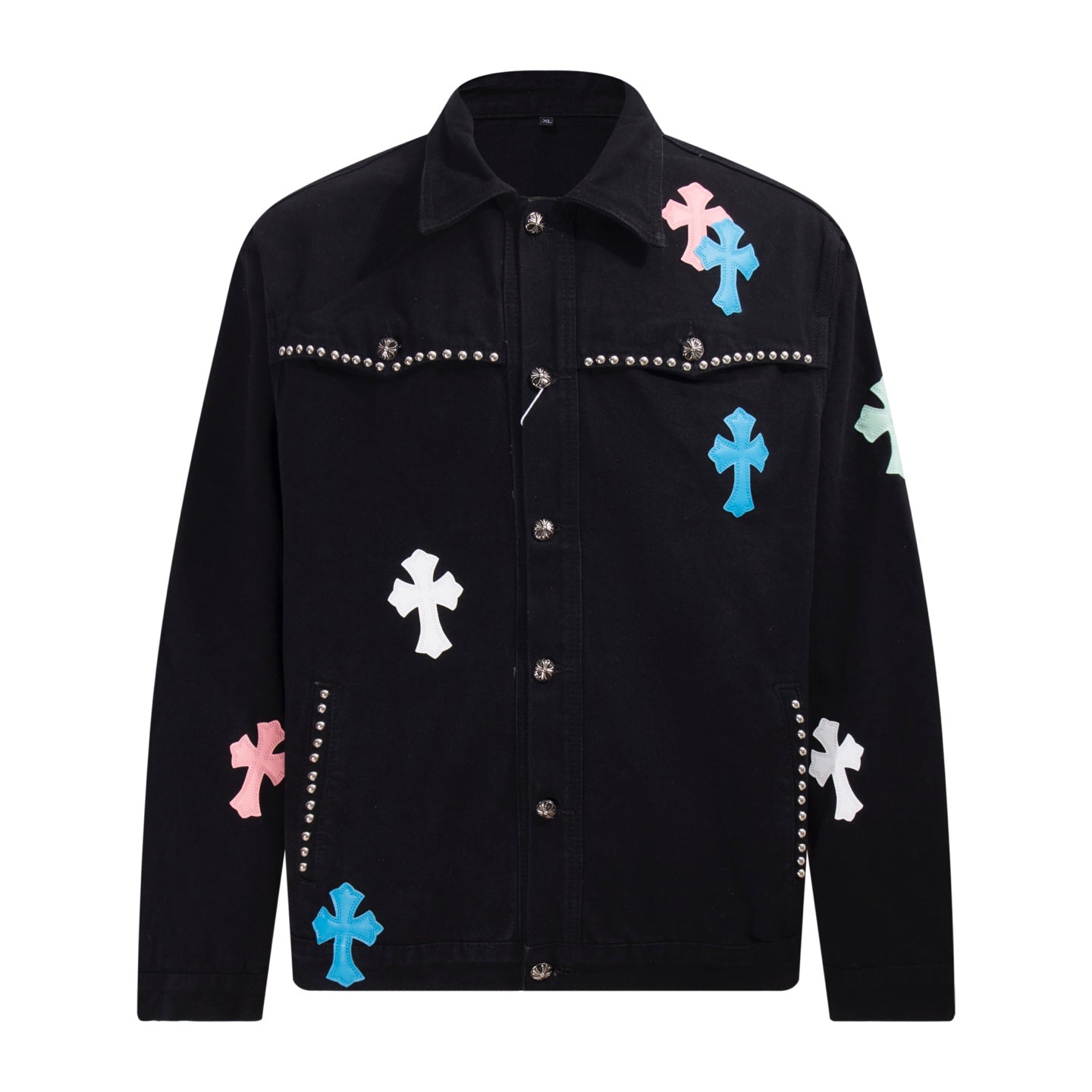 Chrome Hearts Multi Cross Studded Denimjacke – Schwarzer Gothic Streetwear Mantel H49