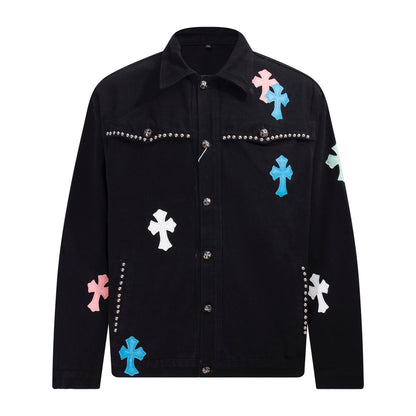 Chrome Hearts Multi Cross Studded Denimjacke – Schwarzer Gothic Streetwear Mantel H49