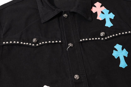 Chrome Hearts Multi Cross Studded Denimjacke – Schwarzer Gothic Streetwear Mantel H49