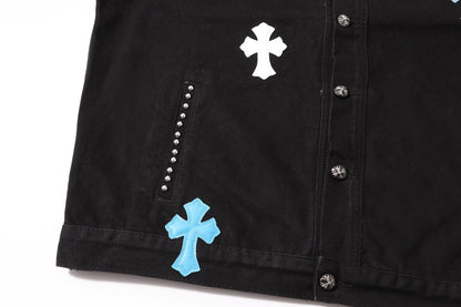 Chrome Hearts Multi Cross Studded Denimjacke – Schwarzer Gothic Streetwear Mantel H49