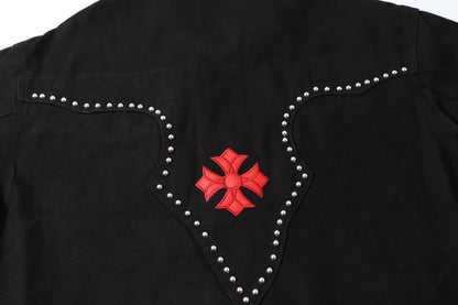 Chrome Hearts Multi Cross Studded Denimjacke – Schwarzer Gothic Streetwear Mantel H49