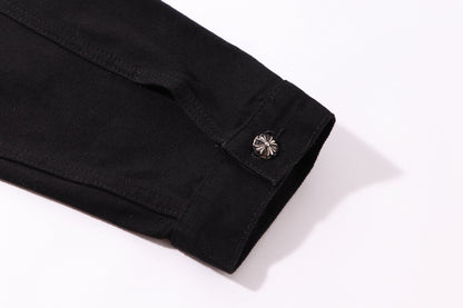 Chrome Hearts Multi Cross Studded Denimjacke – Schwarzer Gothic Streetwear Mantel H49