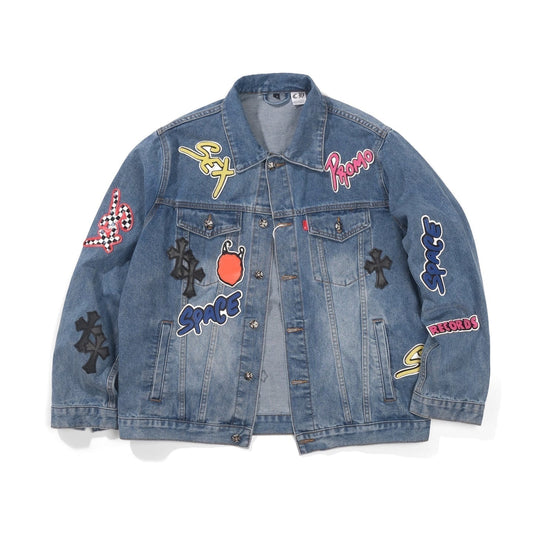 Veste en jean Chrome Hearts Patchwork - Veste de rue gothique bleue vintage 0789